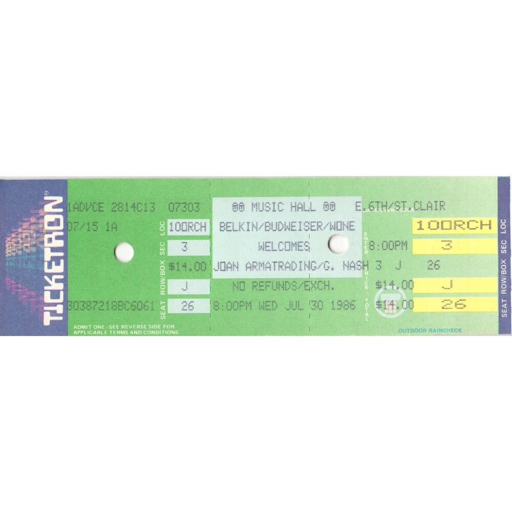 Vintage 1986 Joan Armatrading Graham Nash Concert Ticket Cleveland OH